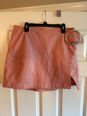 For Love And Lemons Pink Faux Leather Mini Skirt with Oversized Ring Buckle
